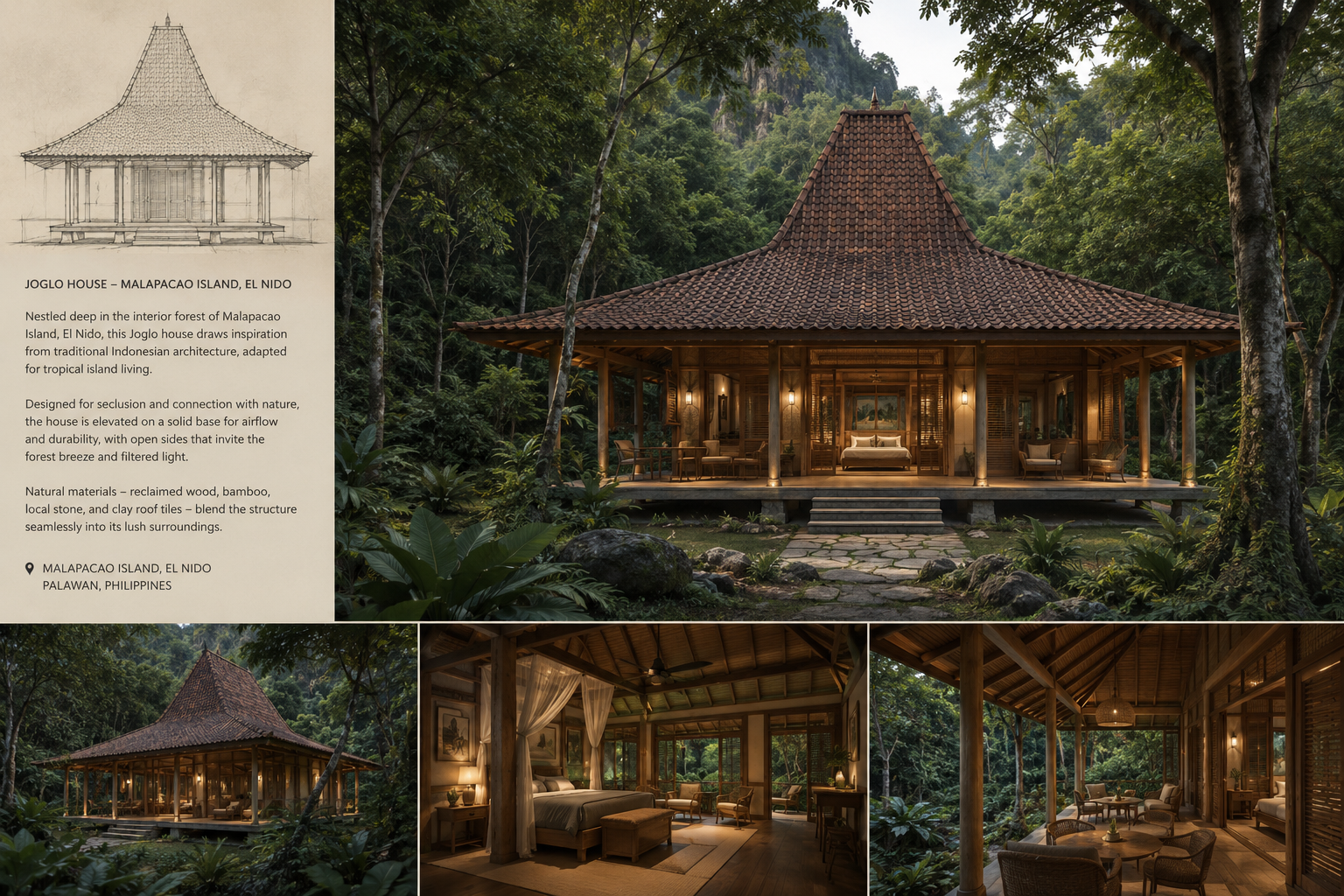 Joglo House concept — traditional Indonesian Joglo architecture adapted for Malapacao Island, El Nido: elevated teak pavilion with clay-tile roof and open sides in a forest setting, with bedroom and veranda interiors
