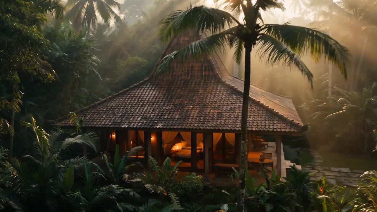 Joglo villa glowing at dusk in the forest, Malapacao Island, El Nido