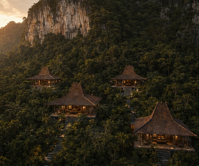 The Joglo villas stepped into the forested hillside at sunset