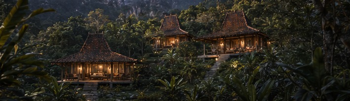 Two Joglo villas glowing at dusk amid the island forest, Malapacao Island