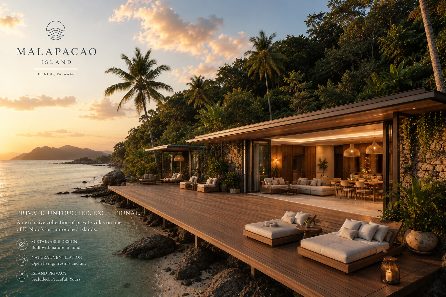 Malapacao Island, El Nido — private villa on the beachfront at sunset. Private. Untouched. Exceptional.