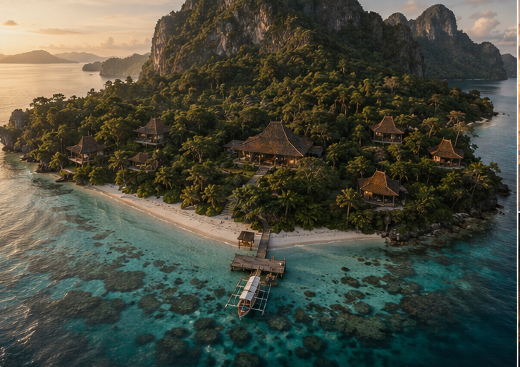 Aerial view of the Joglo villas on Malapacao Island, Bacuit Bay, El Nido