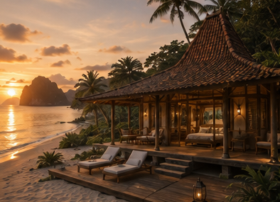 Beachfront Joglo villa at sunset, Malapacao Island, El Nido