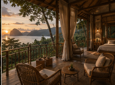 Private deck with sea view at sunset