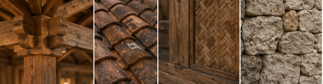 Teak joinery, clay roof tiles, woven bamboo and coral stone