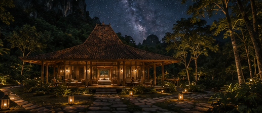 Joglo villa at night, off-grid under the stars