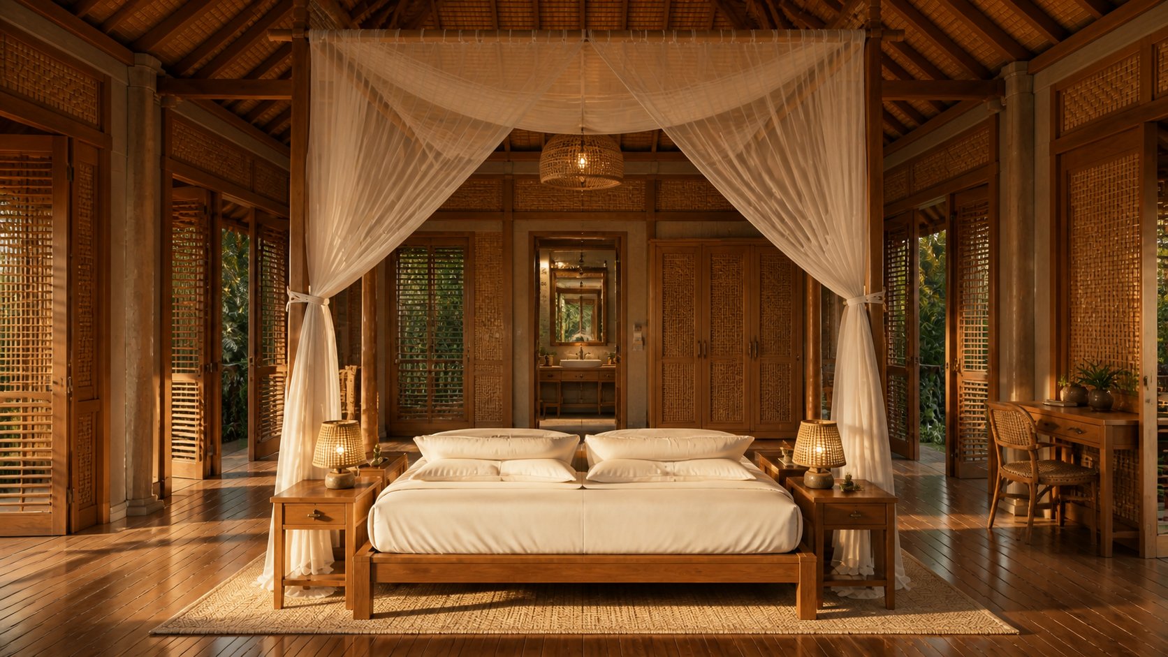 Bedroom with four-poster canopy bed, woven-bamboo screens and teak post-and-beam