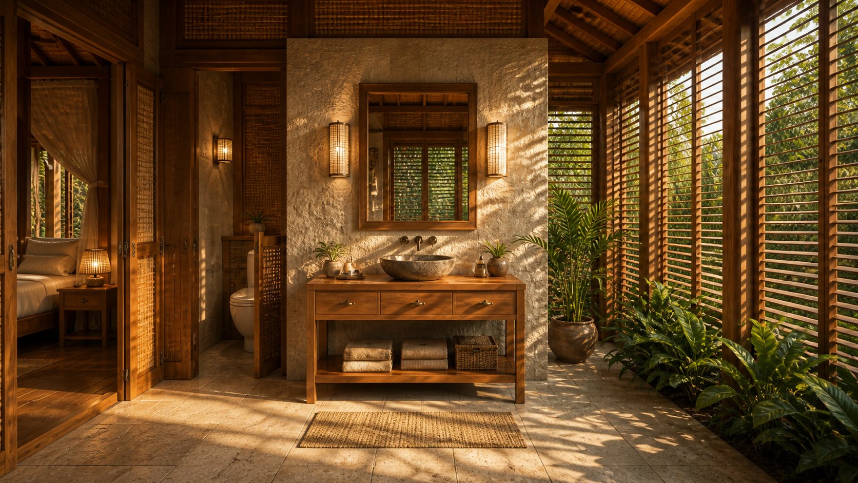 En-suite with teak vanity, stone vessel basin and coral-stone wall