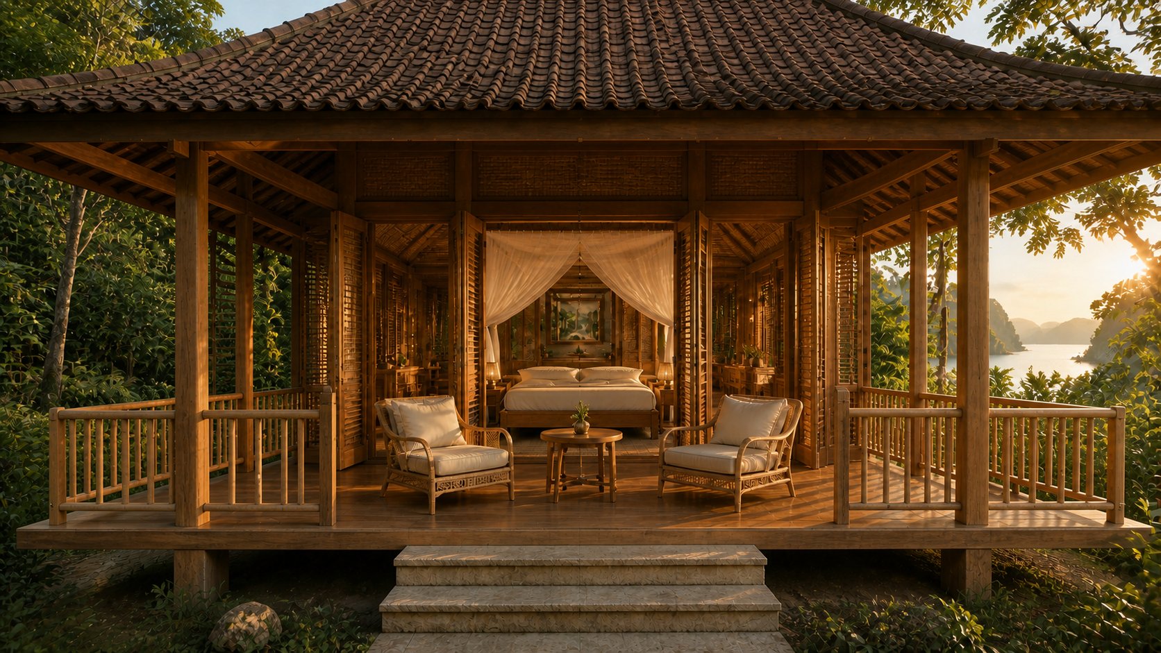 Teak villa exterior at golden hour — raised pavilion, hipped clay-tile roof, open veranda, sea view
