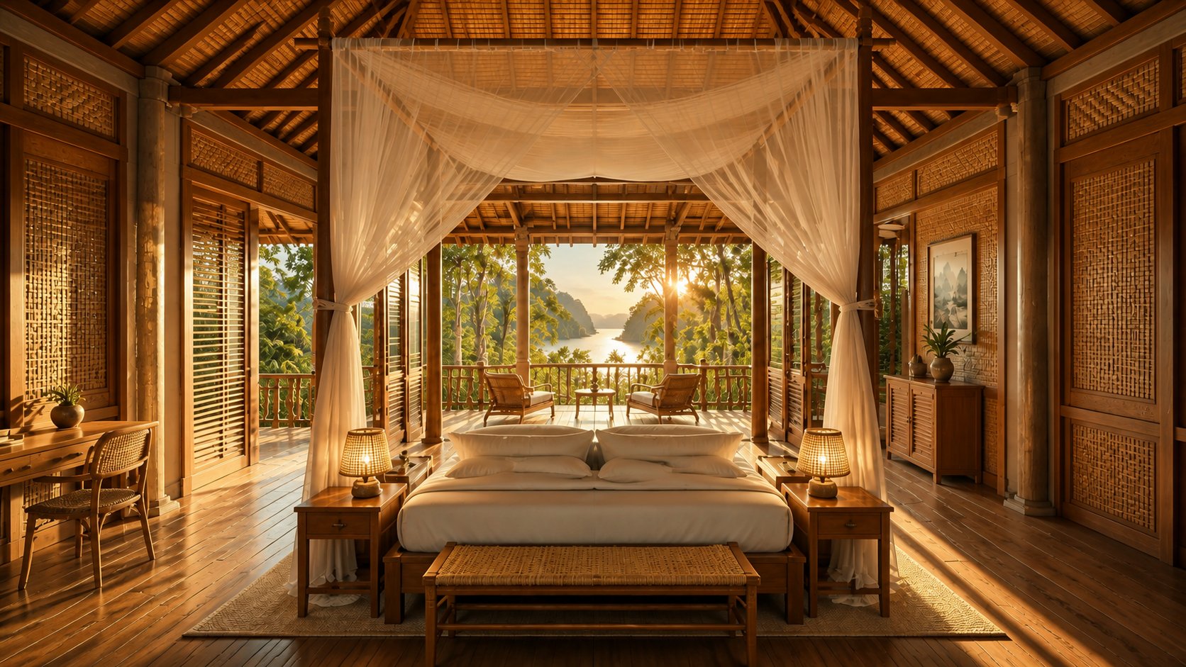 Teak villa bedroom framing the sea and sunset through open folding doors, four-poster canopy bed