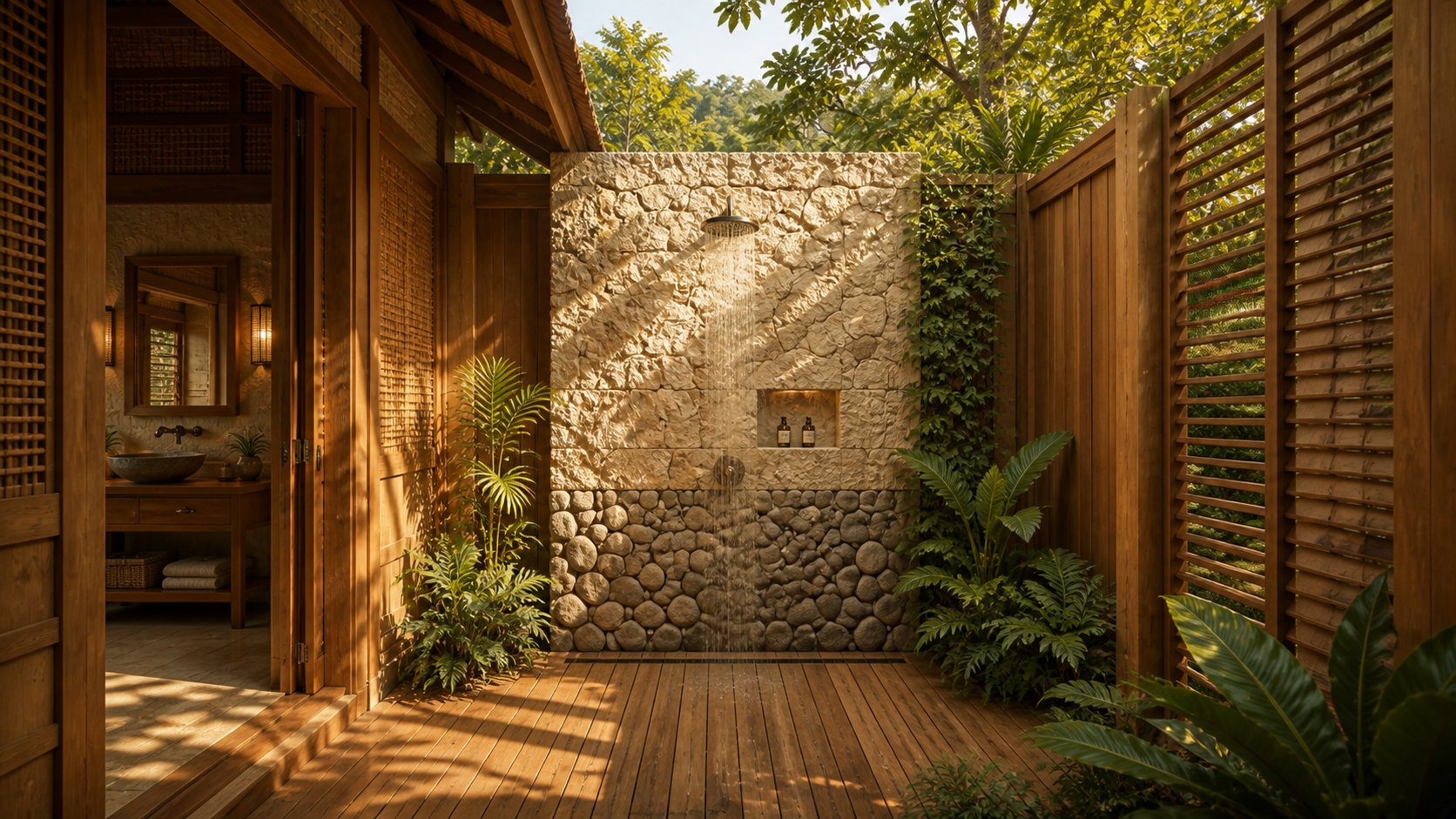 Open-air rain shower with coral and river-stone wall on a teak deck